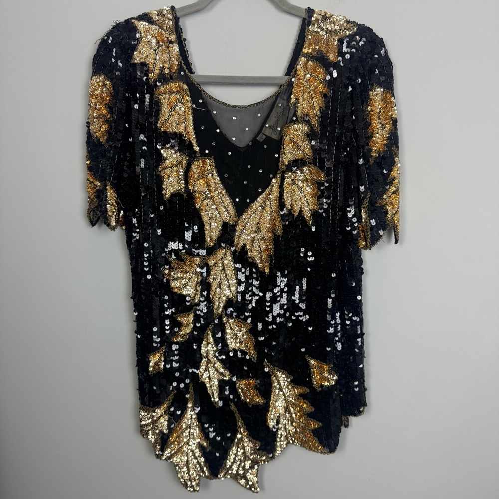 DOMINIQUE | Vintage Fully Sequined Leaf Pattern Top Beads Stones Women’s Size L